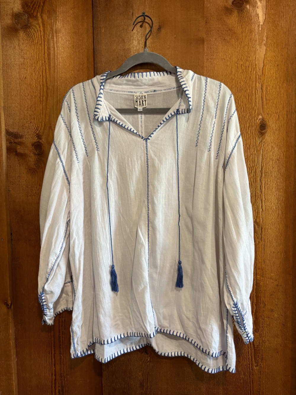 SISTER MARY Boho Floral Embroidered Tunic Blouse Top White Blue Size L